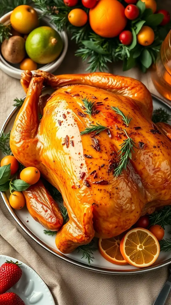 A beautifully roasted turkey with herb butter, garnished with fresh herbs and citrus fruits.