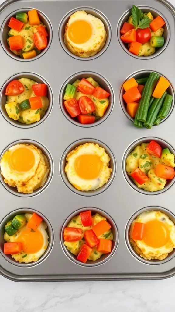 A muffin tin filled with colorful egg muffins topped with various vegetables.