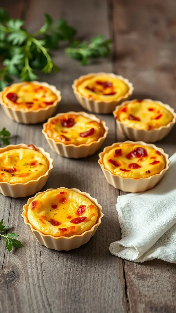 Mini quiches in phyllo shells on a wooden table with herbs