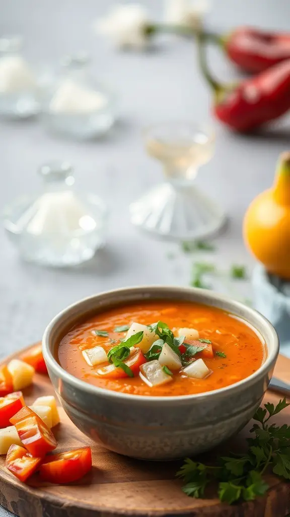 A bowl of Hatch Chili Gazpacho with diced vegetables on top, surrounded by fresh ingredients.