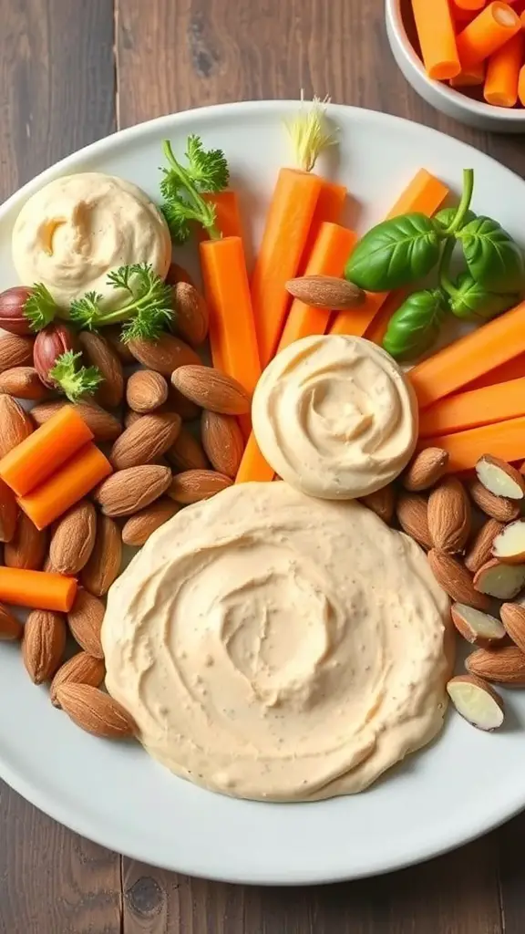 A plate with carrot sticks, almonds, and creamy dips, showcasing healthy snack options.