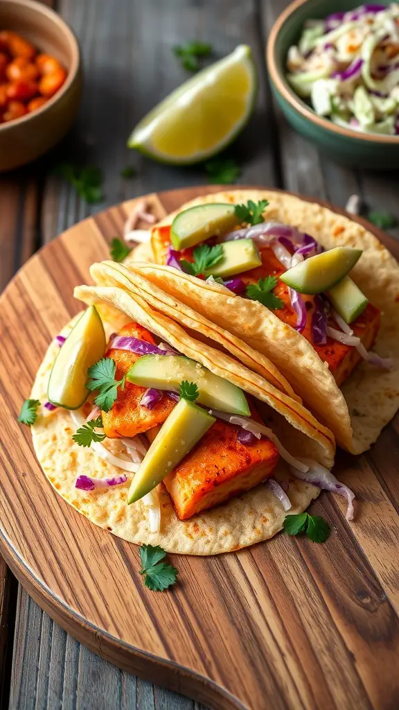 Two spicy salmon tacos with purple cabbage, cilantro, and pickles on a wooden plate.