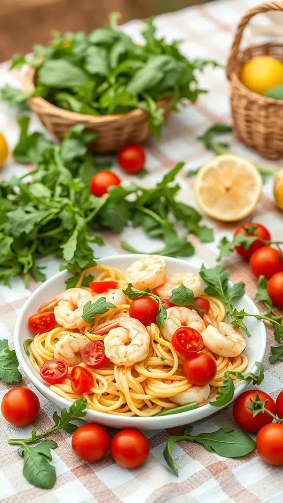 A vibrant bowl of Lemon Garlic Shrimp Pasta Salad with shrimp, cherry tomatoes, and greens on a checkered tablecloth.
