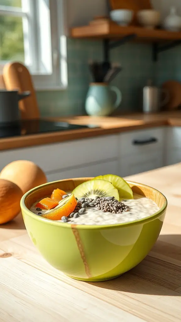 A bowl of overnight oats topped with sliced fruit and chia seeds, set in a bright kitchen.