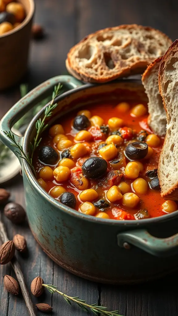 A pot of Mediterranean Chickpea Stew with bread on the side