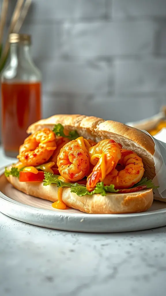 A Spicy Shrimp Po' Boy sandwich with shrimp, lettuce, and sauce on a plate.