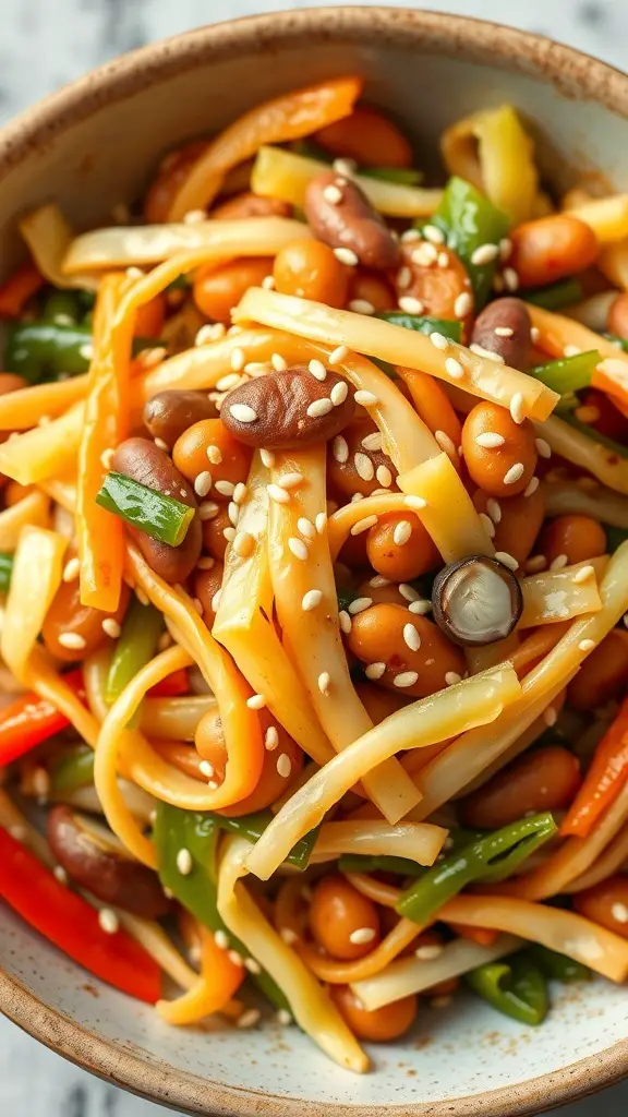 A colorful bowl of cabbage and bean stir-fry with various vegetables and sesame seeds.