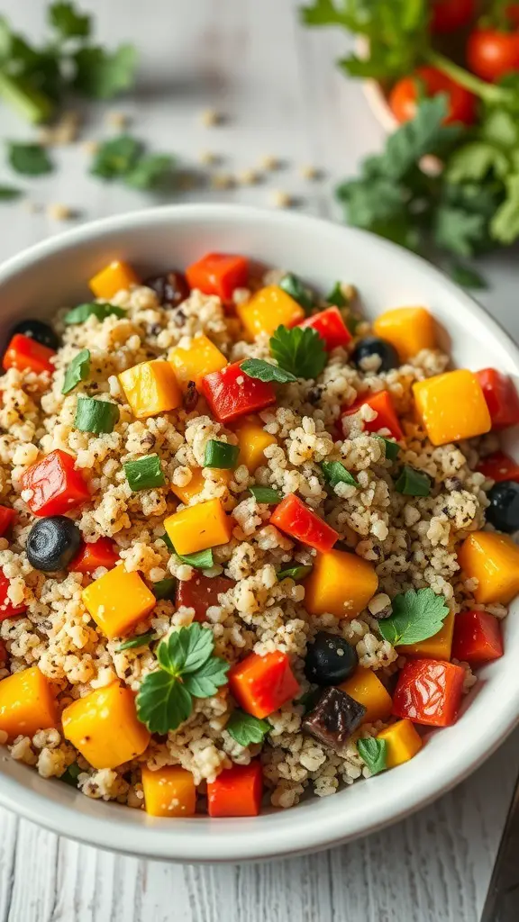 A bowl of quinoa salad with colorful diced vegetables and herbs.