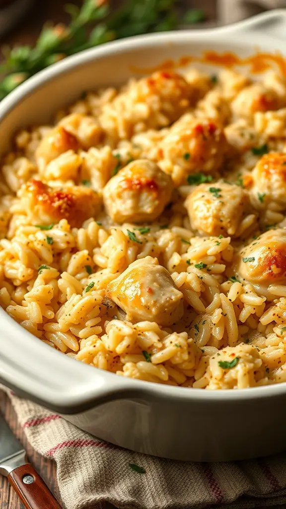 A creamy chicken and rice casserole with golden-brown topping in a baking dish.