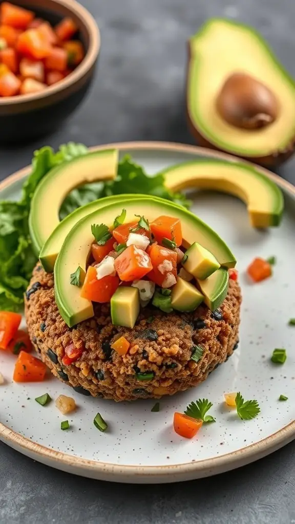 A quinoa and black bean veggie burger topped with avocado and diced tomatoes on a plate.