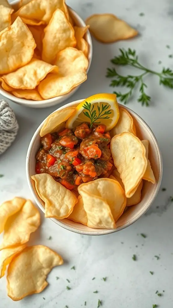 A bowl of potato chips with a small bowl of caviar and garnishes.