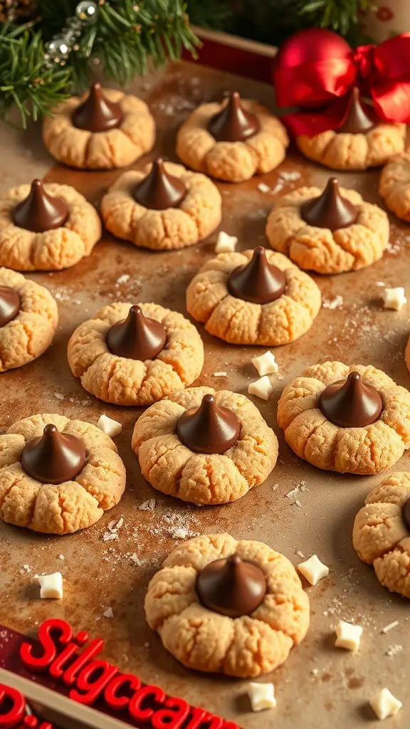 A tray of Peanut Butter Blossoms cookies topped with chocolate kisses.