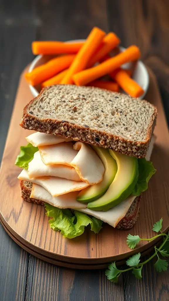 A classic turkey and avocado sandwich with lettuce on whole grain bread, served with carrot sticks.