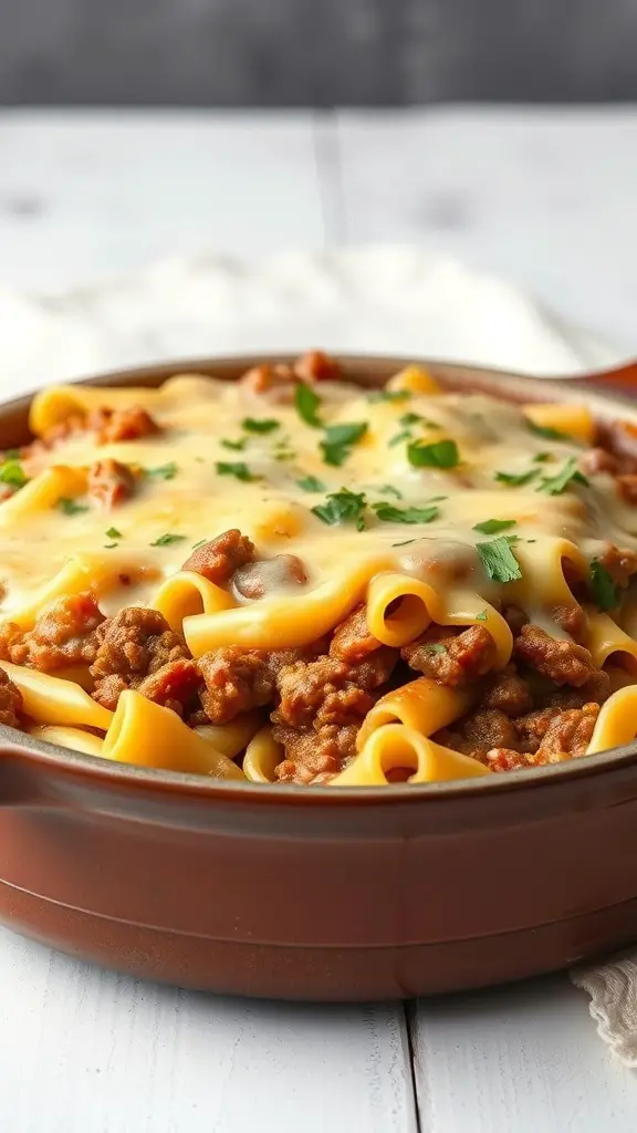 A delicious beef and noodle casserole topped with melted cheese and parsley.