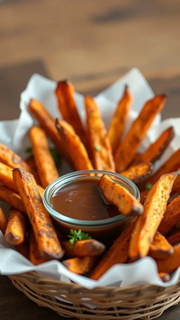 A basket of crispy oven-baked sweet potato fries served with a dipping sauce.