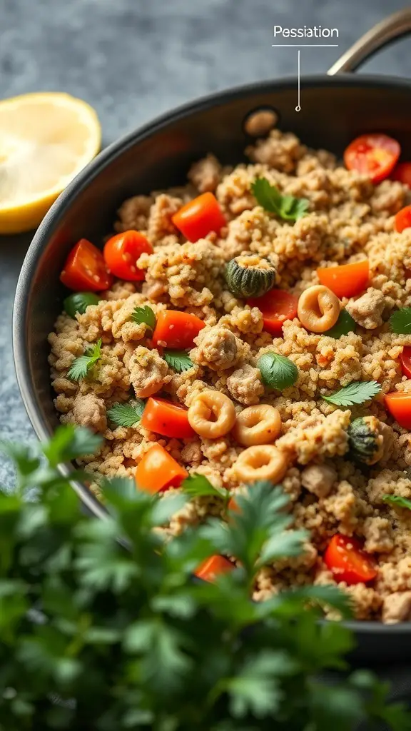 A skillet filled with cooked quinoa, ground turkey, cherry tomatoes, and fresh herbs.