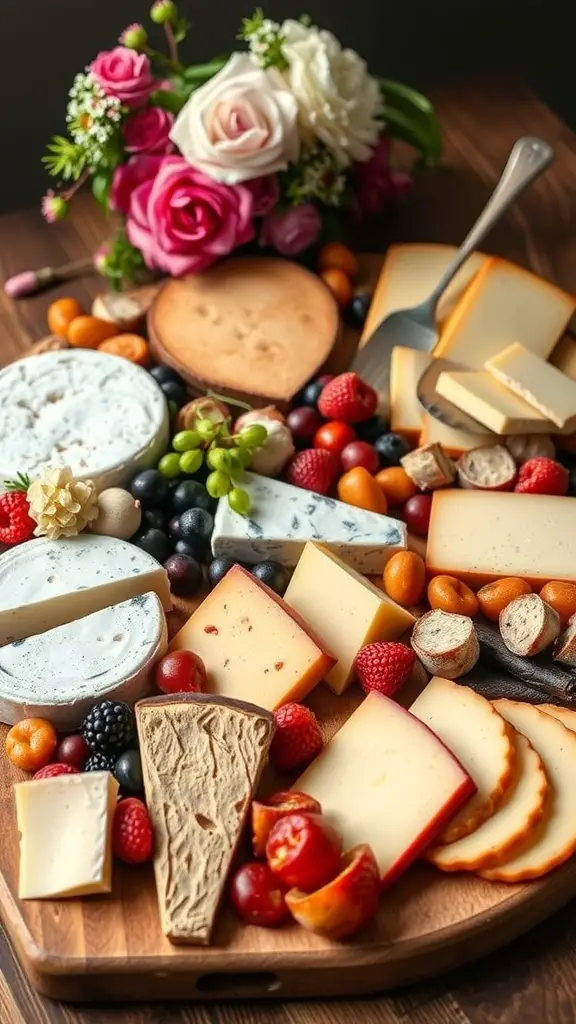 A beautifully arranged wedding charcuterie board featuring various cheeses, fruits, and nuts.