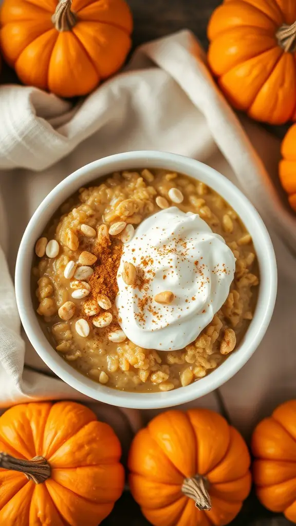A bowl of pumpkin spice overnight oats topped with whipped cream and nuts, surrounded by small pumpkins.