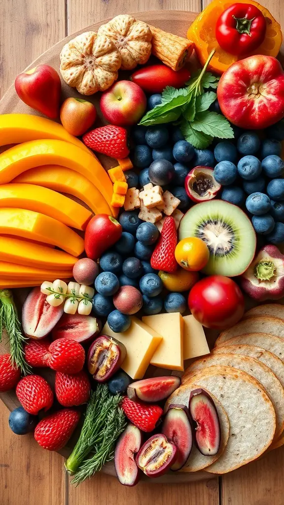 A colorful Mexican charcuterie board featuring seasonal fruits and vegetables.