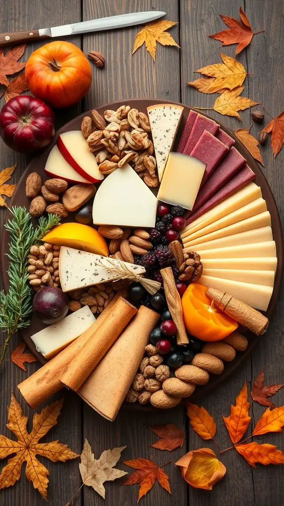 A seasonal harvest charcuterie board with various cheeses, nuts, and autumn fruits.