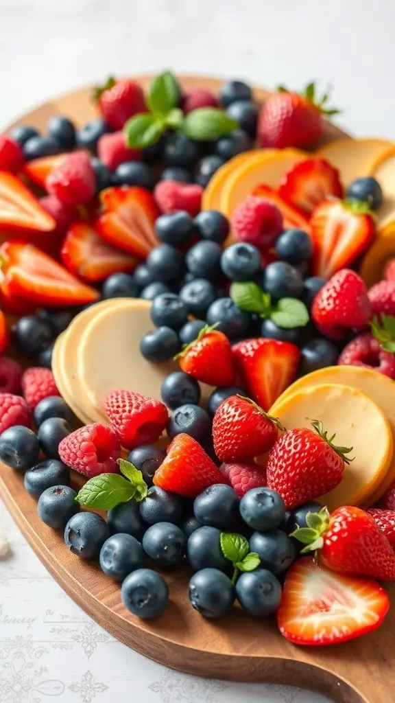 A wooden charcuterie board filled with strawberries, blueberries, raspberries, and mint leaves.
