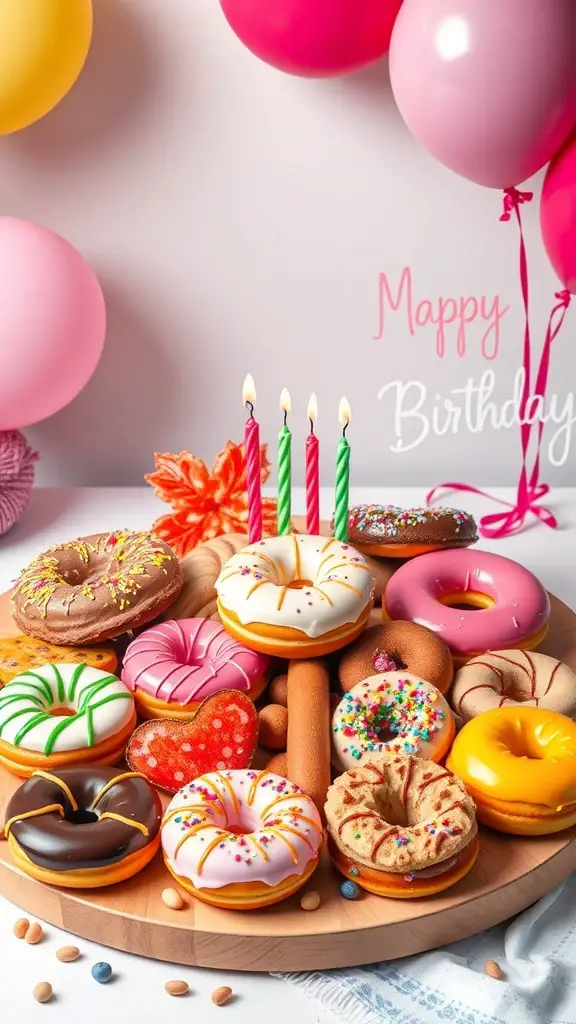 A colorful birthday donut charcuterie board with various donuts, candles, and balloons.