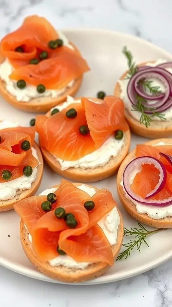 A platter of smoked salmon bagels topped with cream cheese, capers, and red onion.