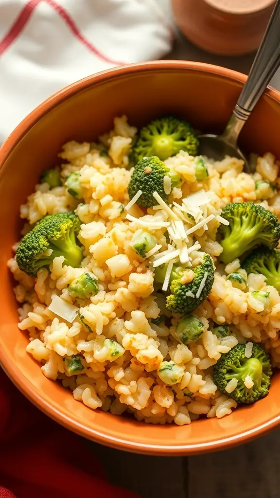 A bowl of cheesy broccoli and rice casserole with broccoli florets and grated cheese on top.