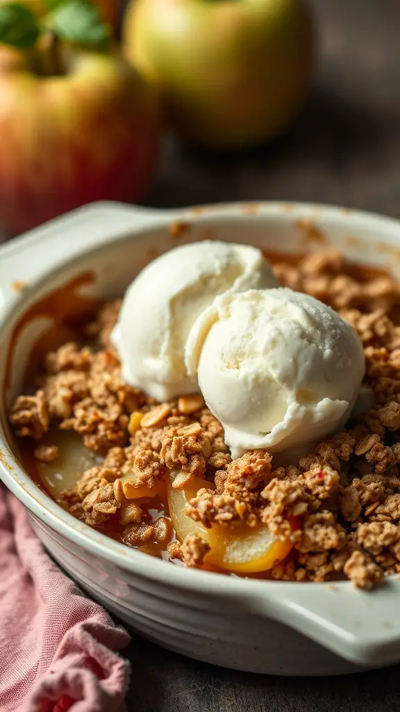 A delicious apple crisp with oat topping served with ice cream.