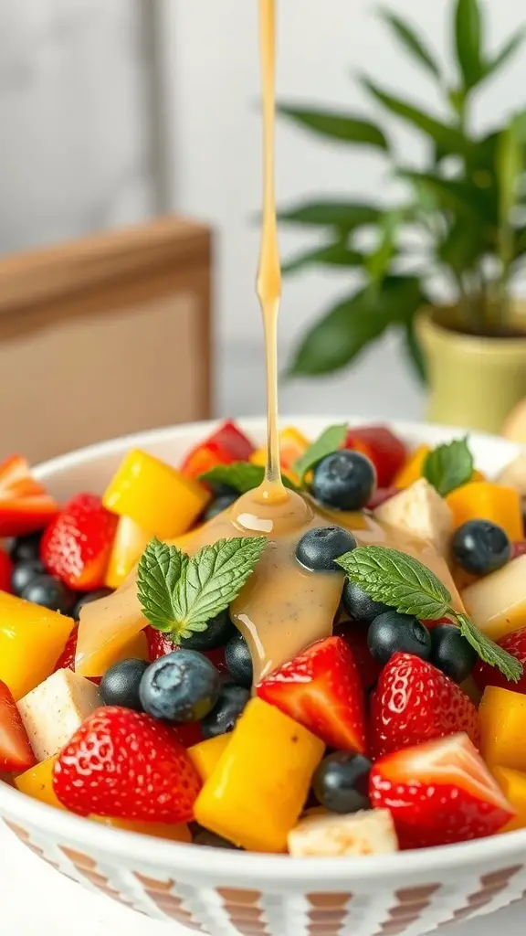 A colorful fruit salad with honey lime dressing, featuring strawberries, mango, blueberries, and mint leaves.