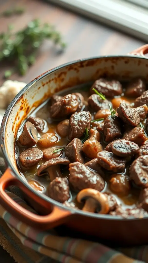 A close-up of a beef and mushroom casserole in a pot, showcasing tender beef pieces and mushrooms in a rich sauce.