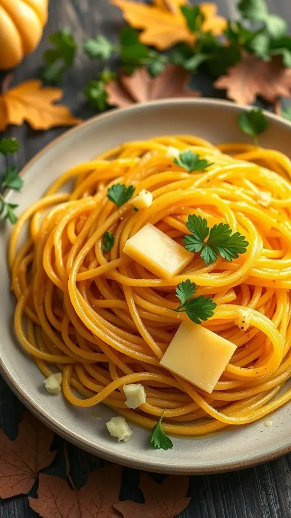 A plate of spaghetti squash topped with garlic butter and fresh herbs, surrounded by autumn leaves.