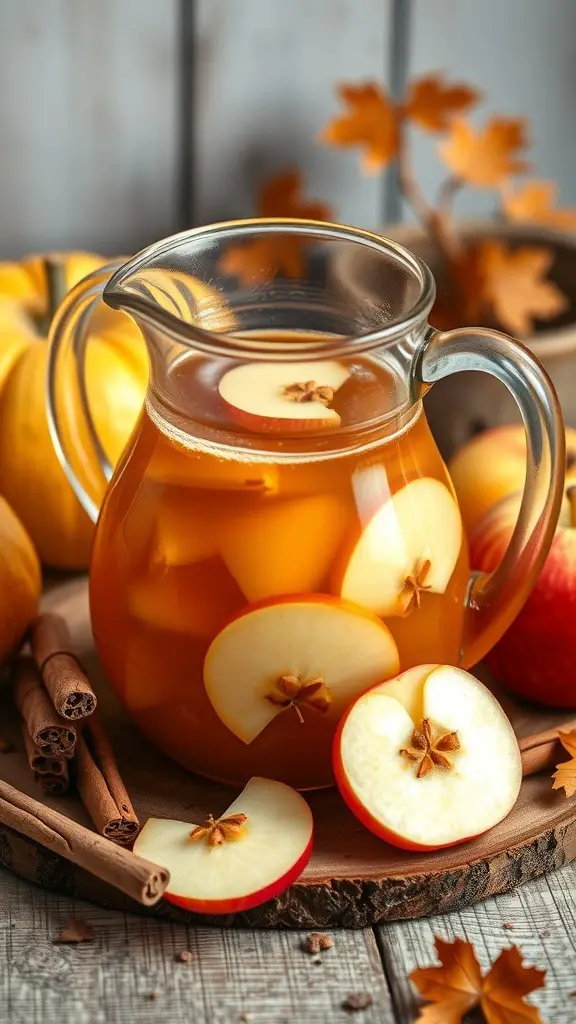 A pitcher of Autumn Spiced Apple Punch with apple slices and cinnamon sticks