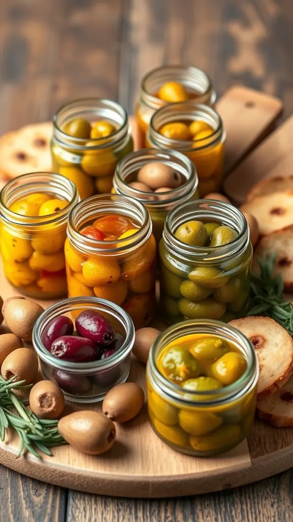 A variety of homemade pickles and olives in jars on a wooden platter, with some sliced bread and herbs.