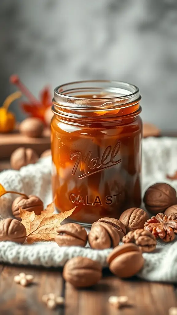 A jar of Maple Walnut Jam surrounded by walnuts and autumn leaves.