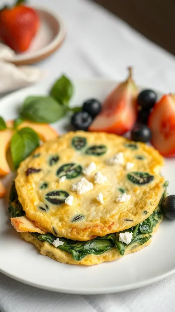 A delicious Spinach and Feta Omelette served with fresh fruit.