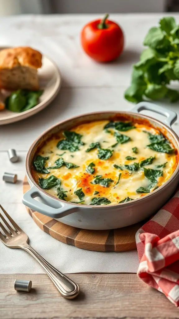 A savory egg casserole with spinach and cheese in a baking dish, surrounded by fresh ingredients.