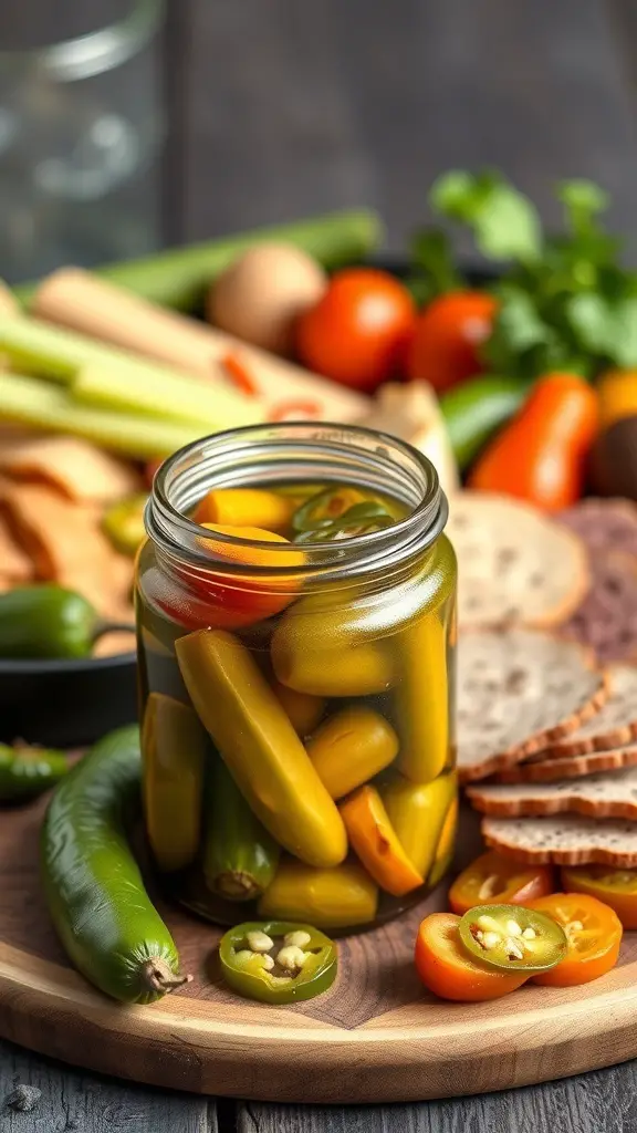 A jar of pickled jalapeños surrounded by fresh vegetables and crackers on a wooden platter.