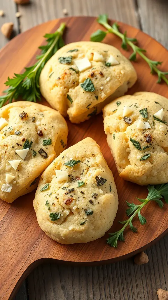 Savory scones with herbs and cheese on a wooden board