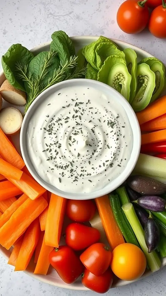 A bowl of herbed yogurt dip surrounded by fresh vegetables like carrots, tomatoes, and cucumbers.