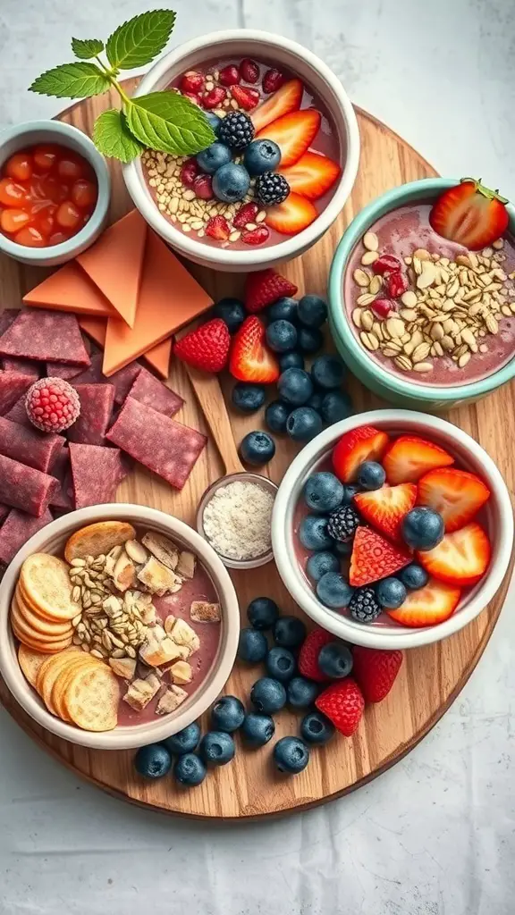 A colorful smoothie bowl board featuring various smoothie bowls topped with fruits, oats, and snacks.
