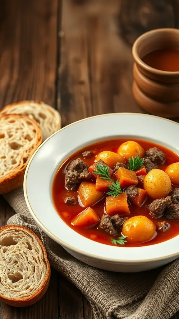 A bowl of beef and potato goulash with bread on the side