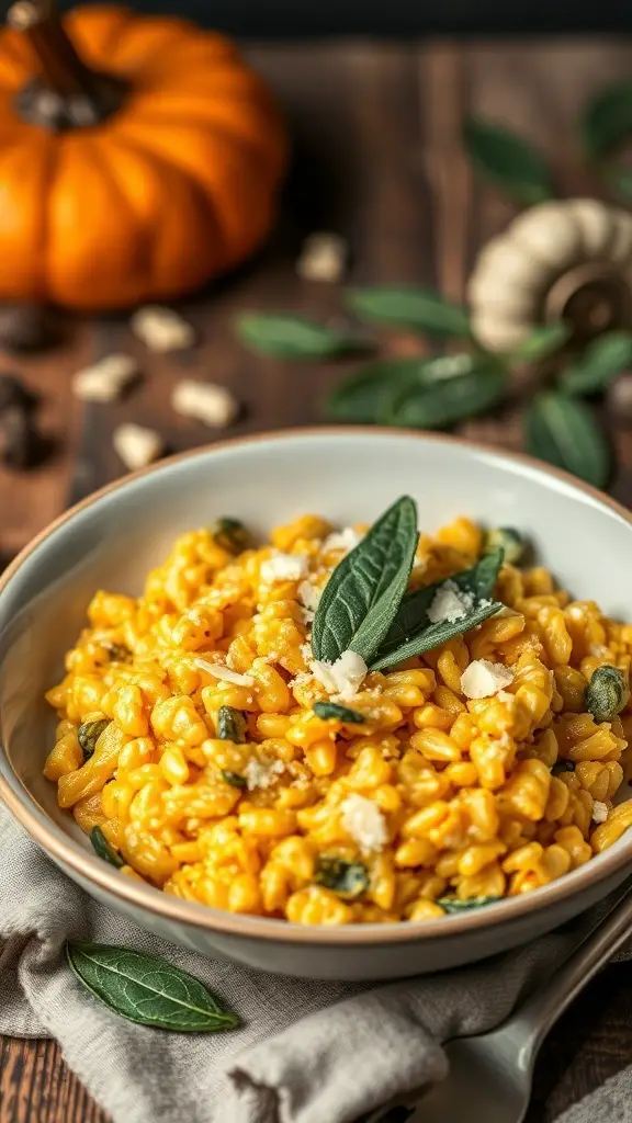 A bowl of creamy pumpkin and sage risotto garnished with sage leaves, with a pumpkin in the background.