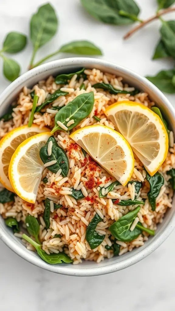 A bowl of brown rice and spinach pilaf garnished with lemon slices and paprika.