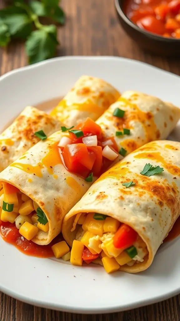 Miniature breakfast burritos filled with eggs, cheese, and vegetables, served with salsa.