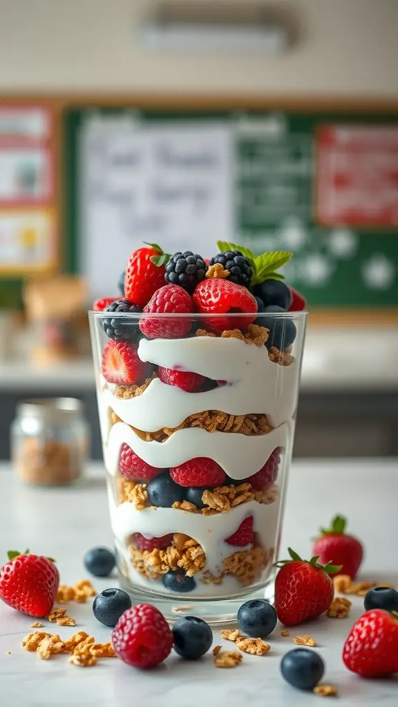A layered Greek yogurt parfait with berries and granola in a glass, set against a classroom background.