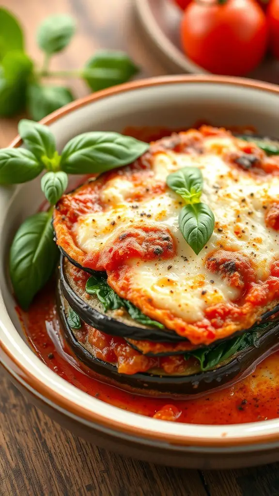 A delicious serving of Eggplant Parmesan with Spinach, featuring layers of eggplant, spinach, marinara sauce, and melted cheese, garnished with fresh basil.