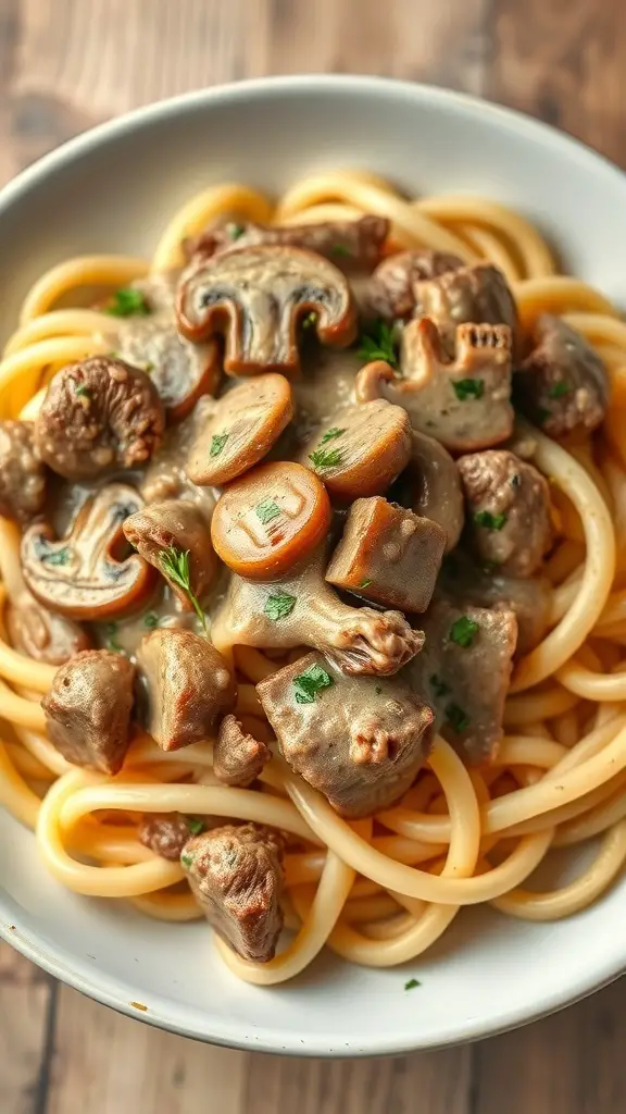 A bowl of Beef Stroganoff with noodles, mushrooms, and beef in a creamy sauce.