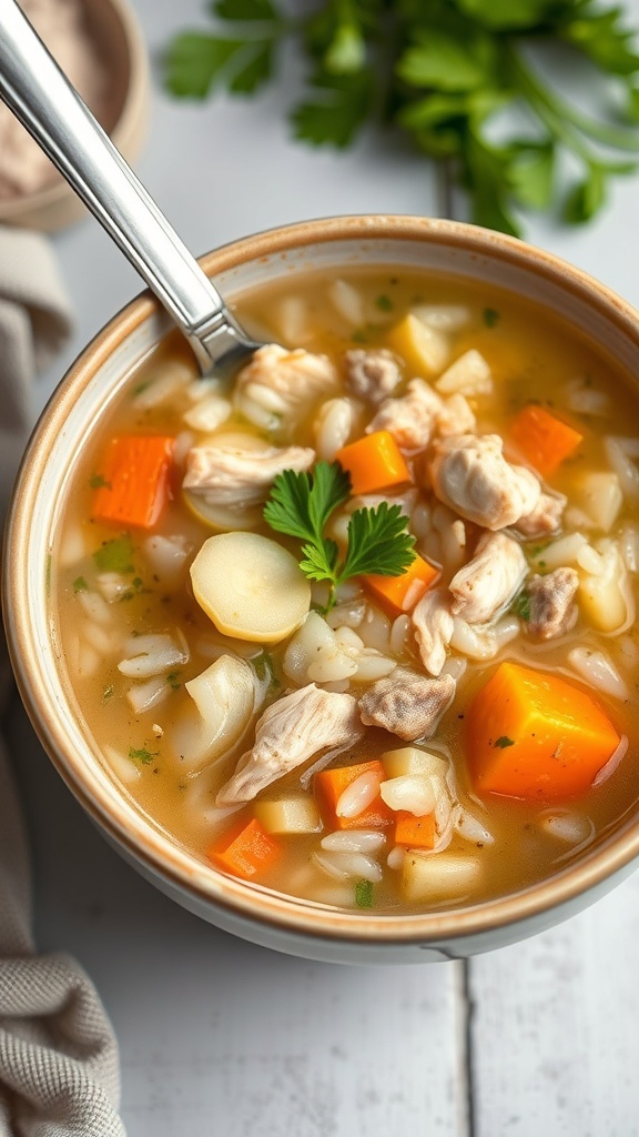 A bowl of chicken and rice soup with vegetables, garnished with parsley.