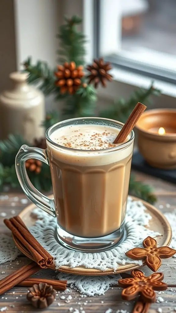 A glass of vanilla chai infusion with a cinnamon stick, surrounded by spices and festive decor.